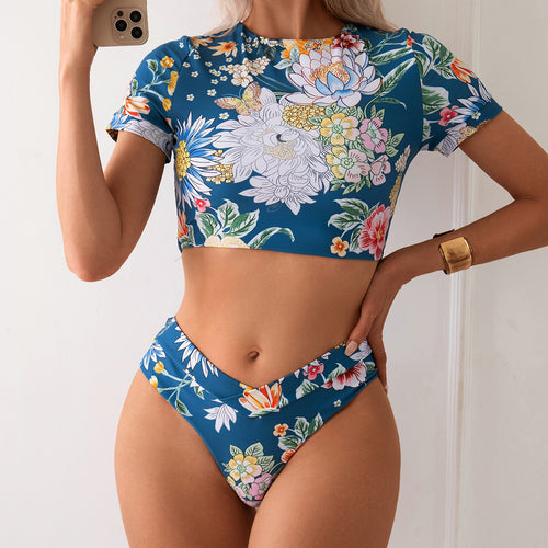 Damer Crop-Top Bade-Sæt med blomsterdesign og høj benudskæring Stilla
