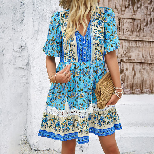 Dame Boho-stil sommerkjole med blomsterprint og flæsedetaljer Stilla