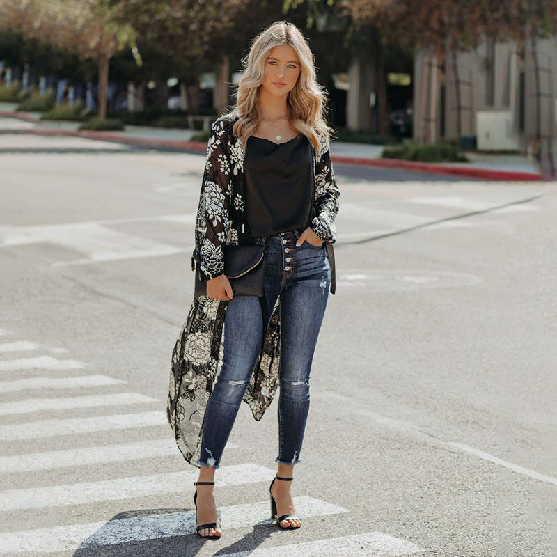 Dame Longsleeve Kimono med blomsteragtigt spidsemotiv og afslappet pasform Stilla