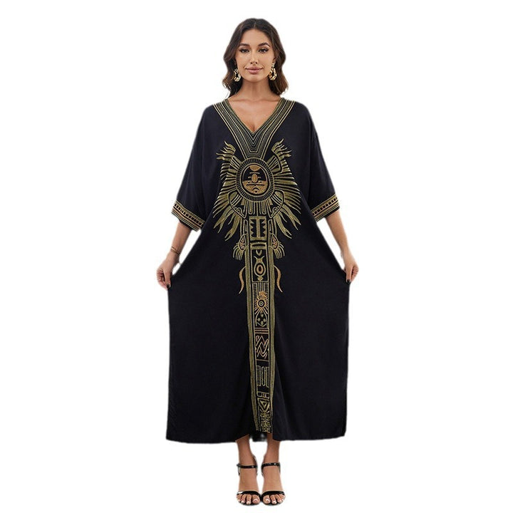 Dame Maxi-Kaftan med kunstnerisk grafikdesign og flydende silhuet Stilla