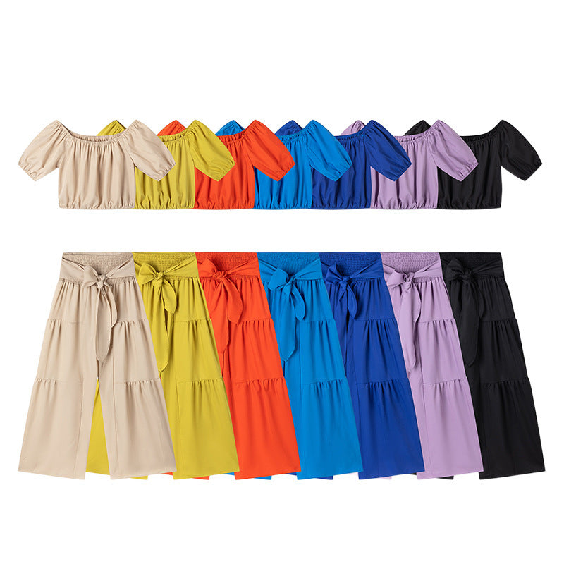 Dame stilfuld off-shoulder crop top og bred bukser sæt Stilla