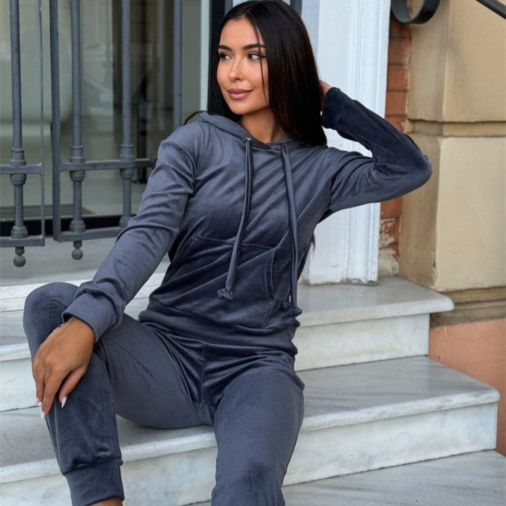 Kvinders sporty fleece træningsdragt sæt med hætte og elastisk talje Skovae
