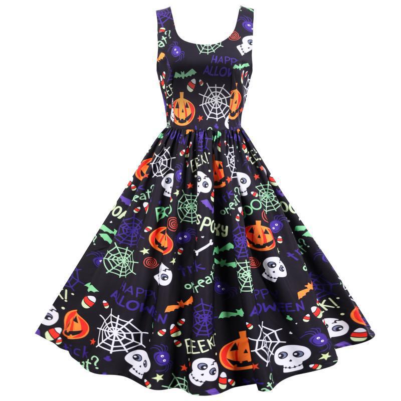 Kvindernes svingkjole med Halloween-motiver og elegant A-linje silhuet Stilla