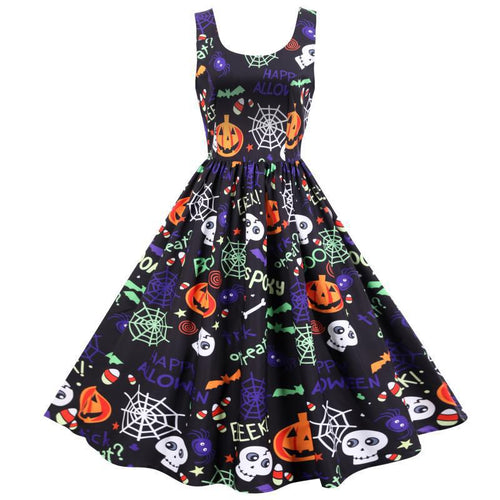 Kvindernes svingkjole med Halloween-motiver og elegant A-linje silhuet Stilla