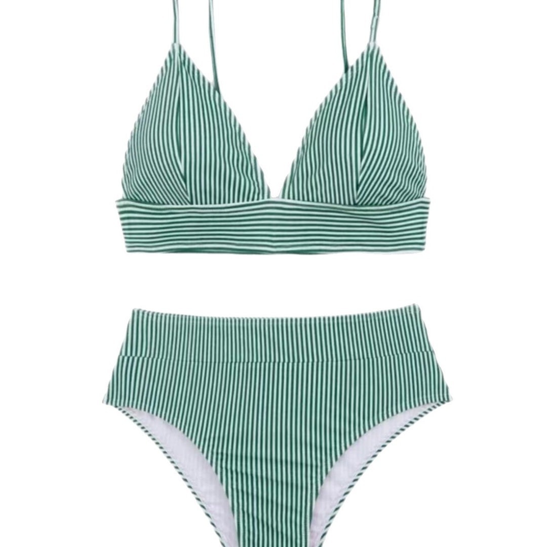 Dame Højskåret Bikini med elegant stribemønster Skovae