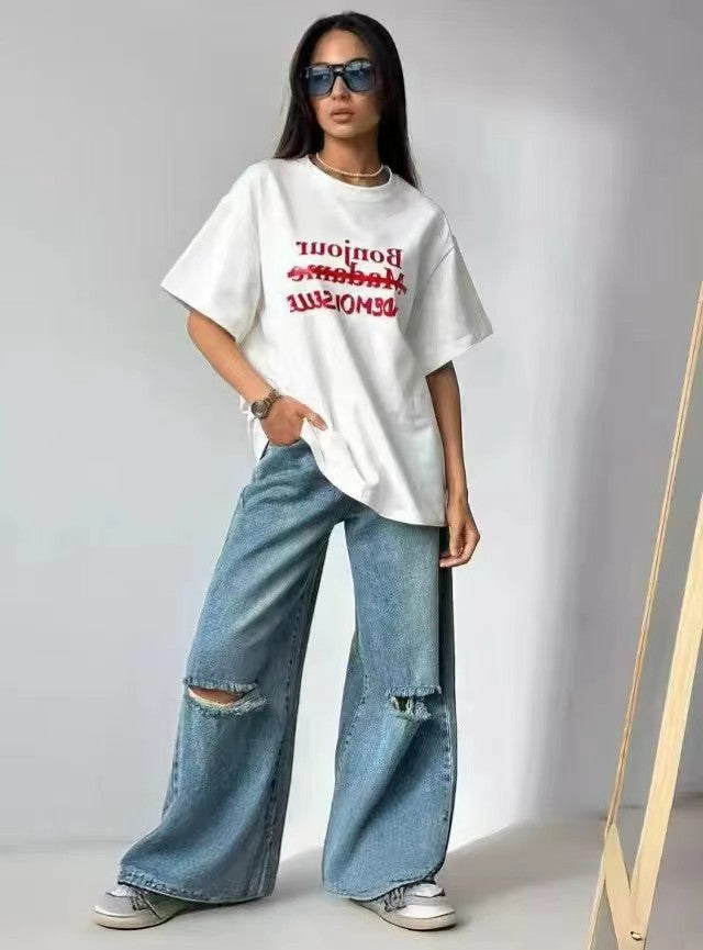 Dame T-Shirt med kreativt skrift og afslappet oversized pasform Stilla