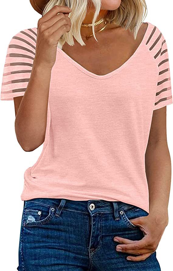 Dame V-hals T-shirt med afslappede stribedetaljer Stilla