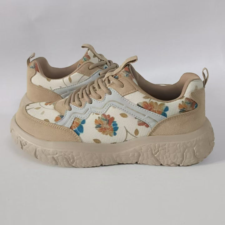 Dame nan mode Plateau-sneakers med blomstret canvasmønster og ruskind pynt skoae