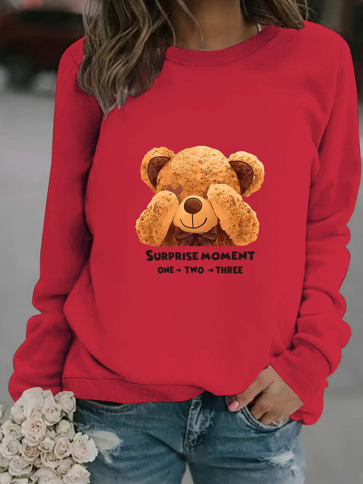 Dame sweatshirt med sødt bjørnedesign og moderne bogstaver Skovae