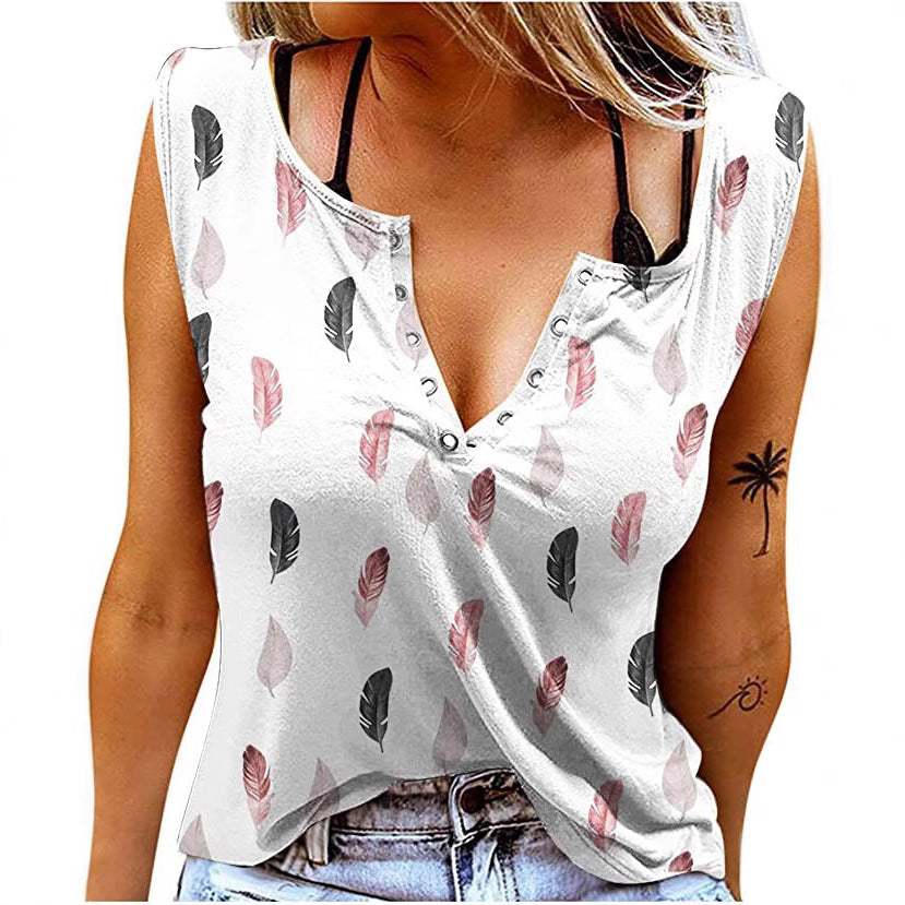 Dame Knapper T-Shirt med Fjerprint Stilla