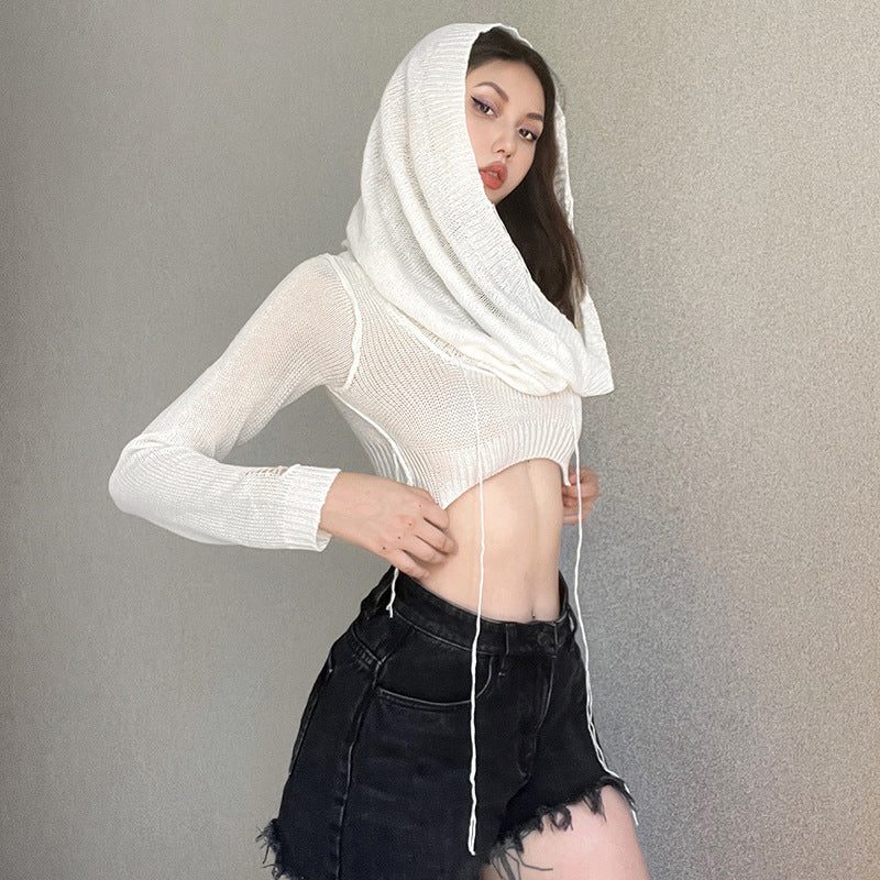 Dame Crop-Pullover med innovativ hætte-design og dyb udskæring Stilla