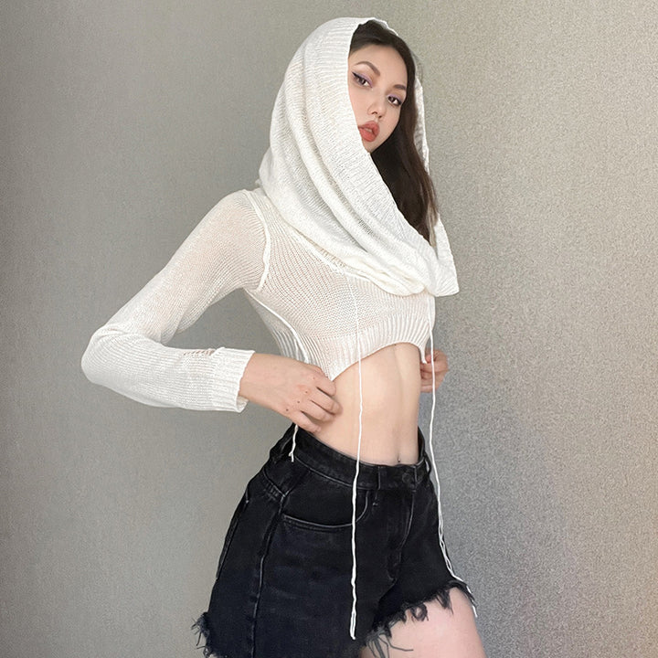 Dame Crop-Pullover med innovativ hætte-design og dyb udskæring Stilla