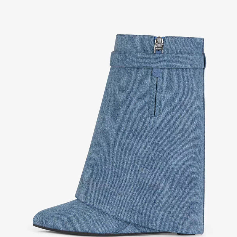 Femme Asymmetrisk Denim Wedge Støvler Stilla