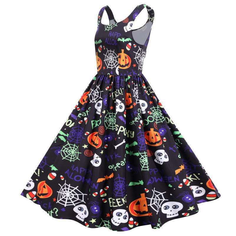 Kvindernes svingkjole med Halloween-motiver og elegant A-linje silhuet Stilla