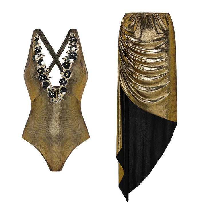 Dame badedragt med off-shoulder design og elegant nederdel Skovae