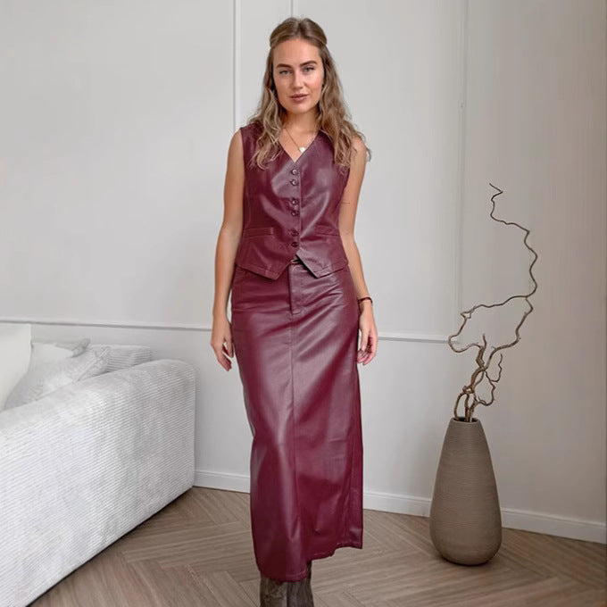 Dame forretnings-tøj sæt med figursyet vest og elegant blyantskirts-optik Stilla