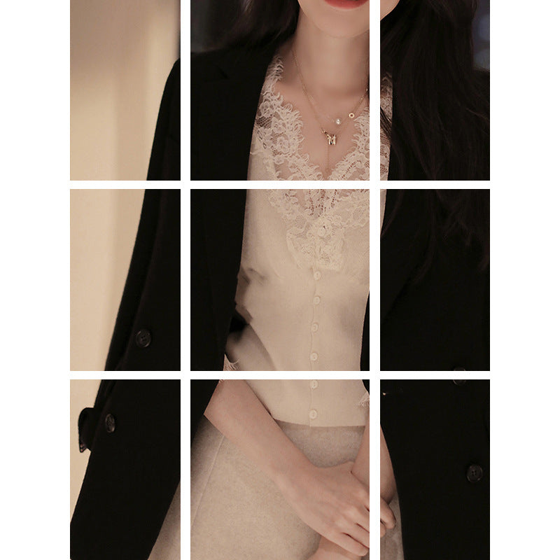 Dame elegant strikbluse med romantiske spidsdetaljer Stilla