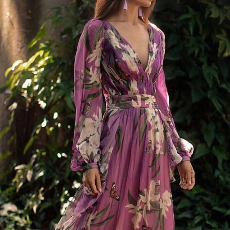 Dame Maxi-kjole med blomster chiffon og elegant flæse Stilla