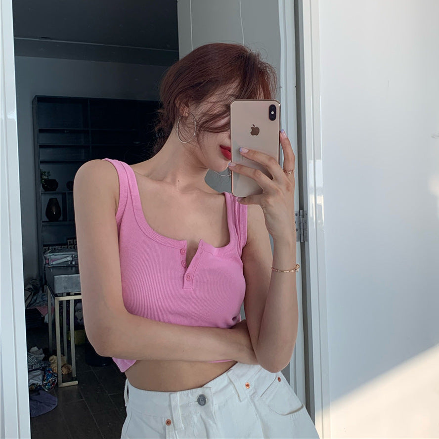 Femme Ribbede Knap-Front Forkortet Tanktop Stilla