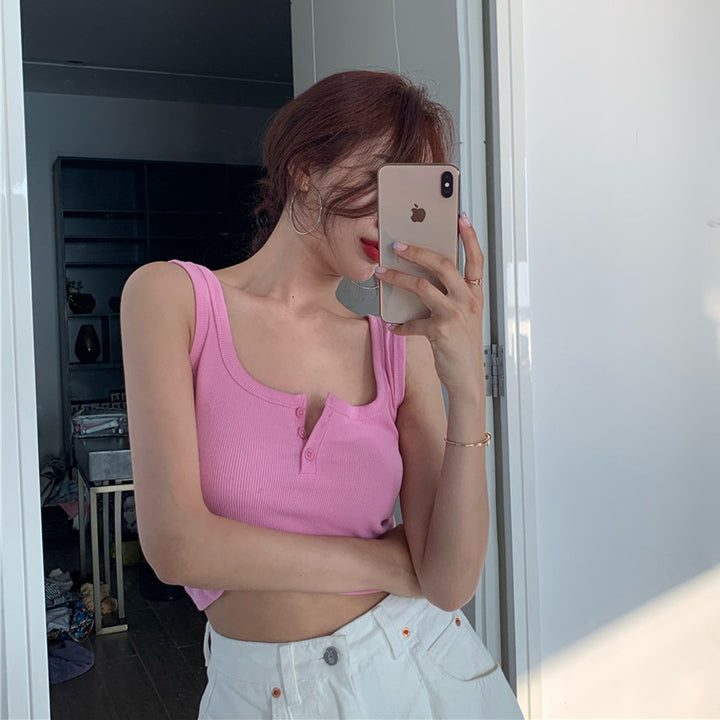 Femme Ribbede Knap-Front Forkortet Tanktop Stilla