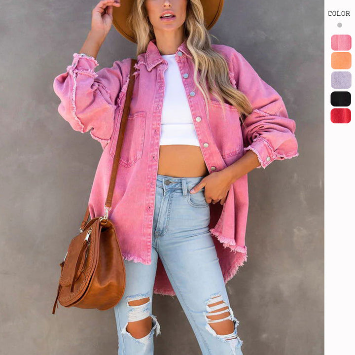 Kvinder Oversized Denim Skjorte med Frynser Stilla