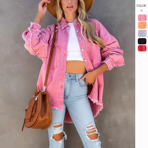 Kvinder Oversized Denim Skjorte med Frynser Stilla