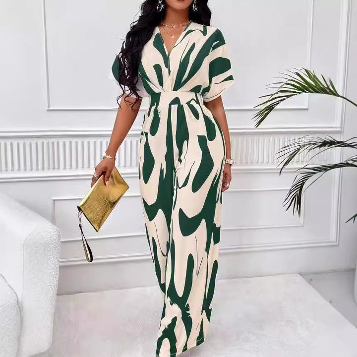 Dame Elegant Jumpsuit med stort mønster og V-udskæring Skovae