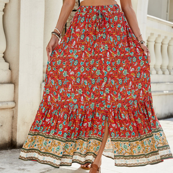 Femme Bohemian Floral Maxi Skirt med høj slids Stilla