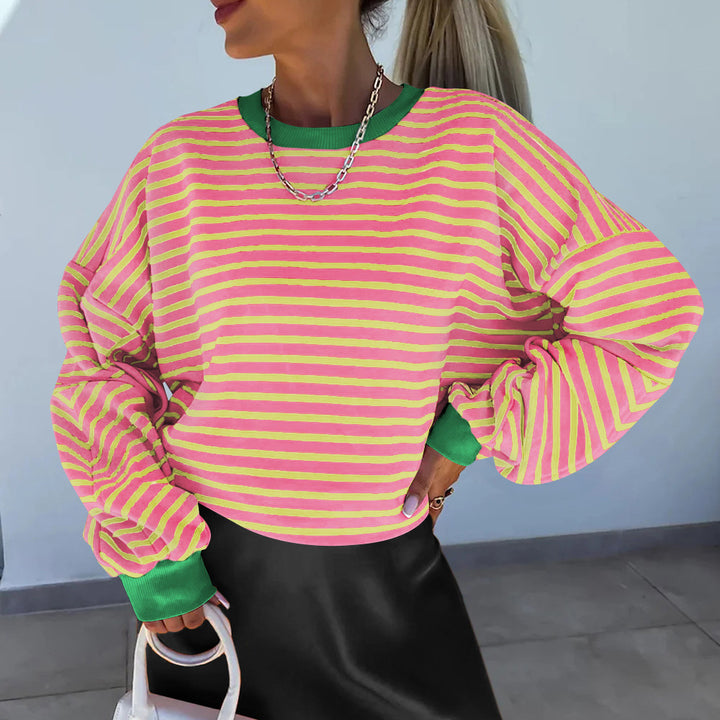 Dame afslappet stribet sweatshirt med boxy-snit og kontrasterende afslutninger Stilla