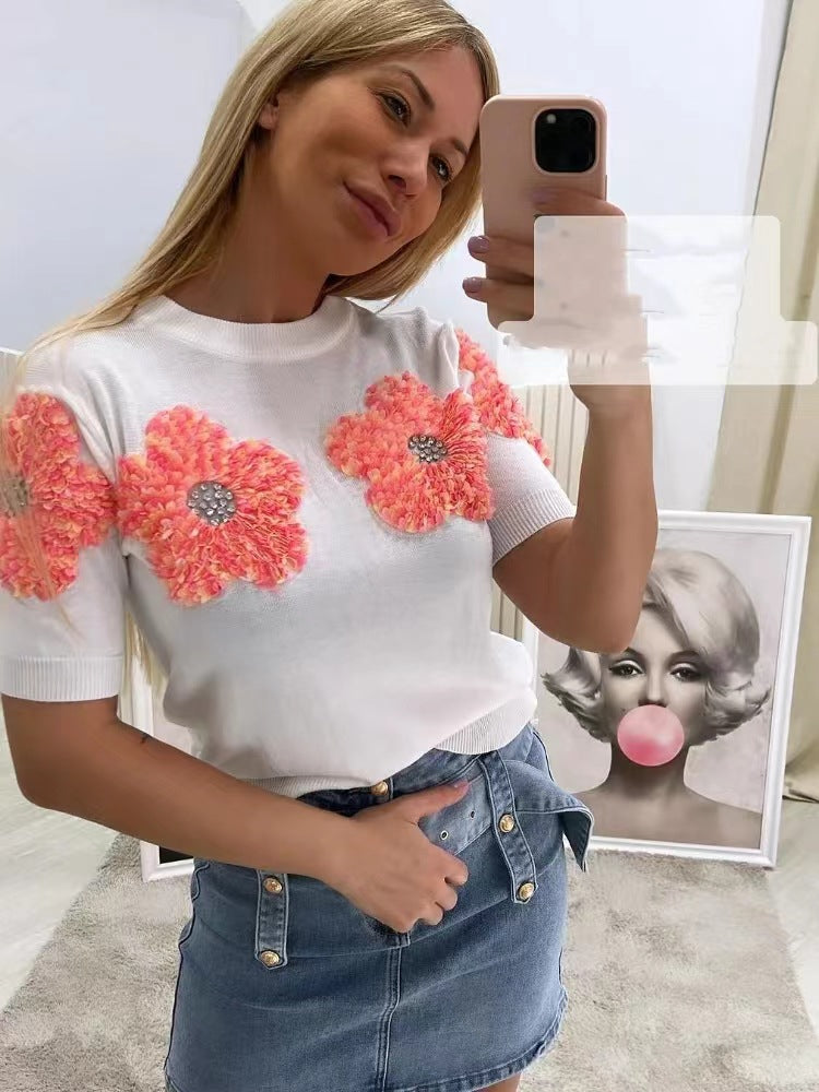 Dame strikpullover med blomster 3D-design Stilla