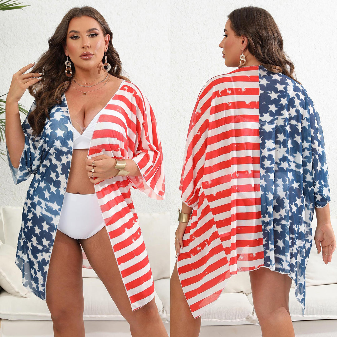 Dame afslappet strandkimono med patriotisk stjerners- og stribemønster Skovae