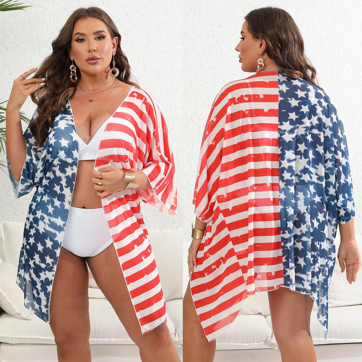 Dame afslappet strandkimono med patriotisk stjerners- og stribemønster Skovae