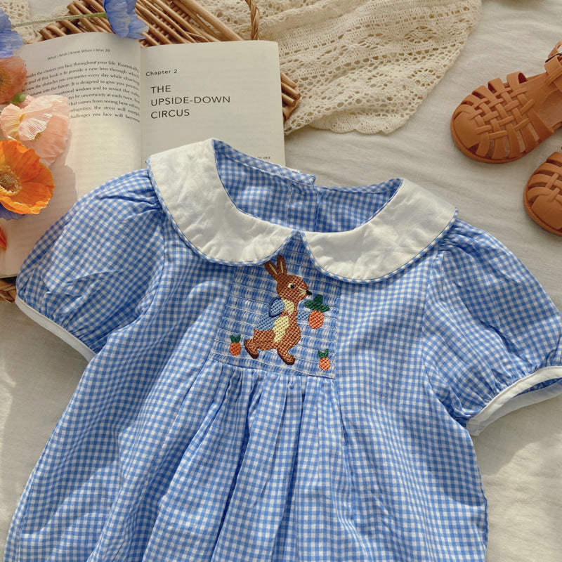 Pige Gingham Ternet Kjole med Kaninbroderi Stilla