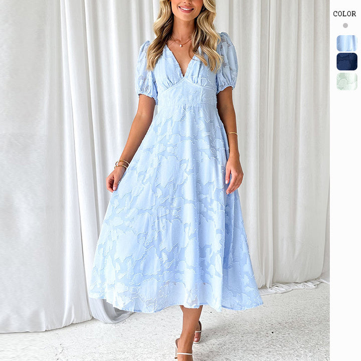 Dame Elegant Maxi Kjole med Flæseærmer og Blomster Tekstur Stilla