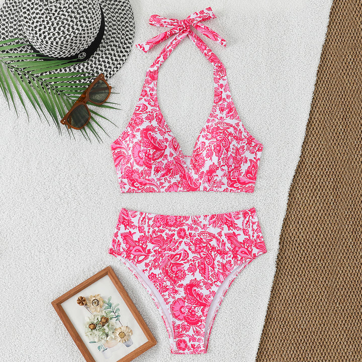 Dame Høj talje Bikini-sæt med blomsterdesign og legende halter top Skovae