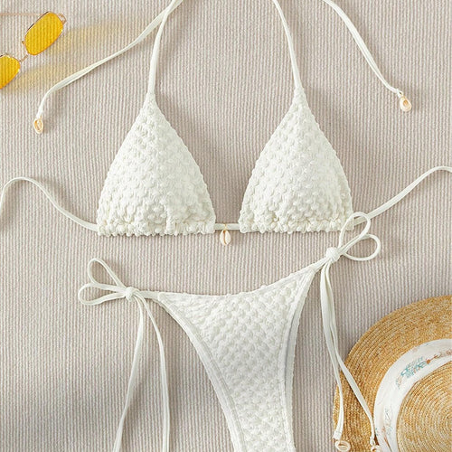 Dame Triangle-Bikini med struktureret materiale og fine bindebånd Skovae