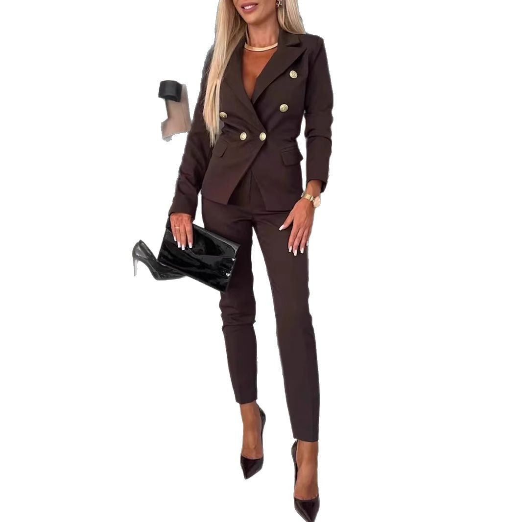 Dame Elegant blazer sæt med tætsiddende bukser og dobbelt knappelukning Stilla
