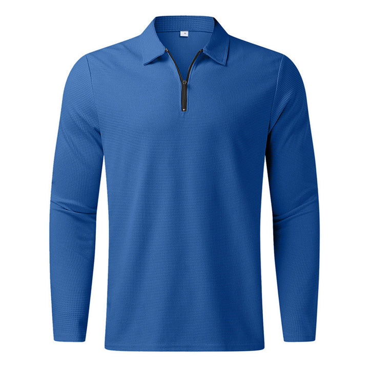 Herre langærmet poloshirt med kentkrave, kort frontlynlås og fin vaffelstruktur Skovae