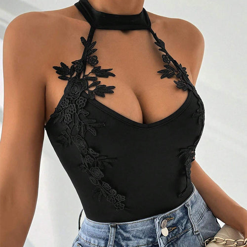 Dame halter bodysuit med blomsterkniplinger og dyb V-hals Stilla