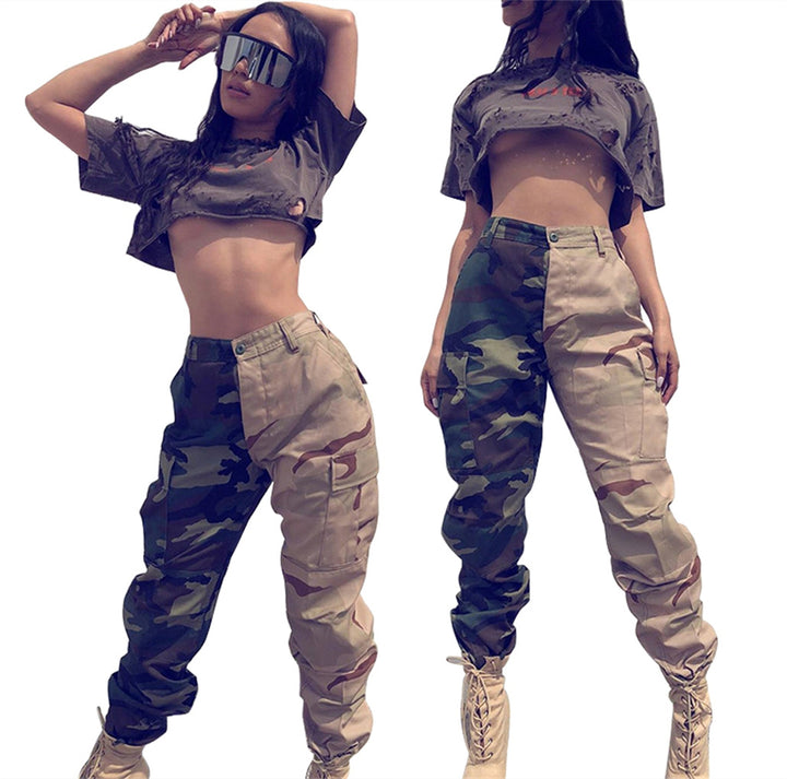 Dame Cargo-bukser med asymmetrisk camouflage-design og elastisk talje Stilla