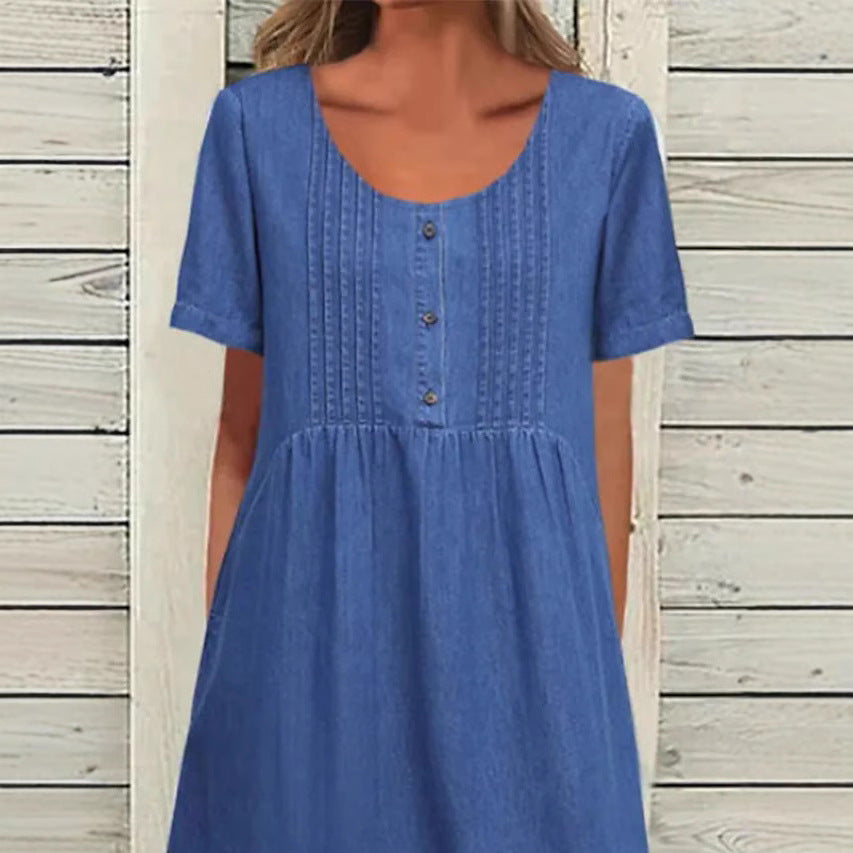 Dame nan locker siddende Midikjole i Denim-look med Rundhalsudskæring, brystfalsker og sidelommer Skovae