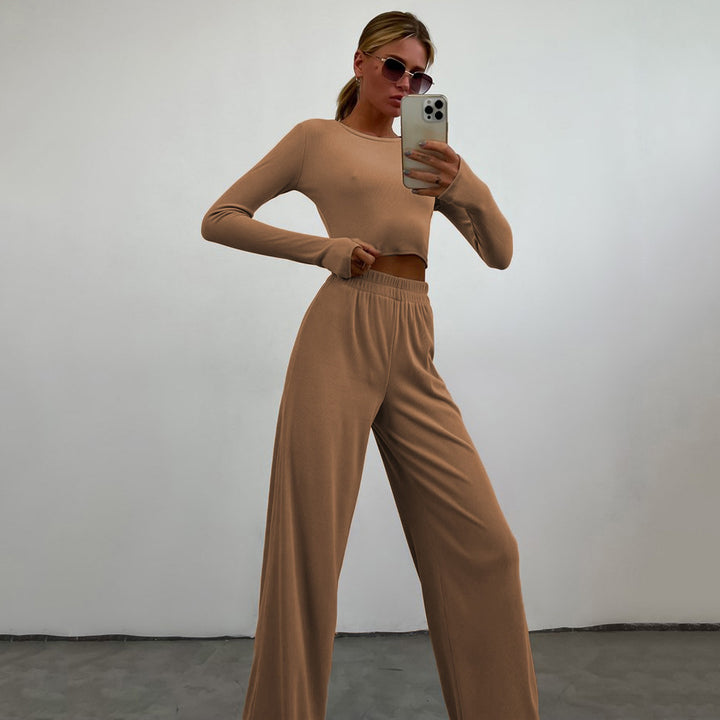 Kvinder elegant og moderne cropped sæt med langærmet top og behagelige bukser Skovae