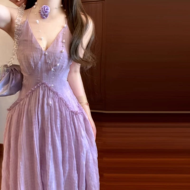 Dame Halter-Neck Maxi-Kjole med Knapdekorationer Stilla