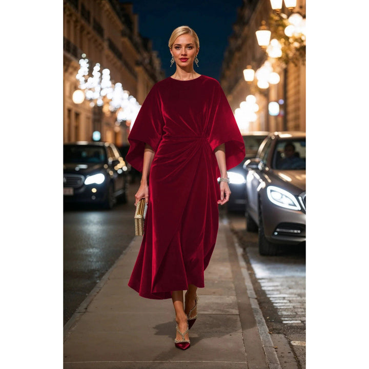 Dame aften kjole i elegant fløjl design med voluminøse ærmer og taljeret silhuet Skovae