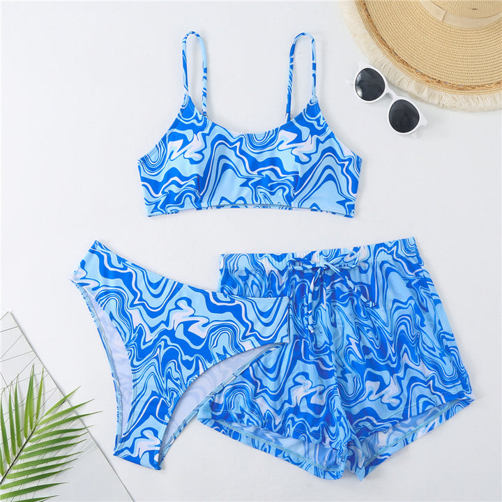 Dame bikini sæt med kreativ marmor mønster og behagelige shorts skovae