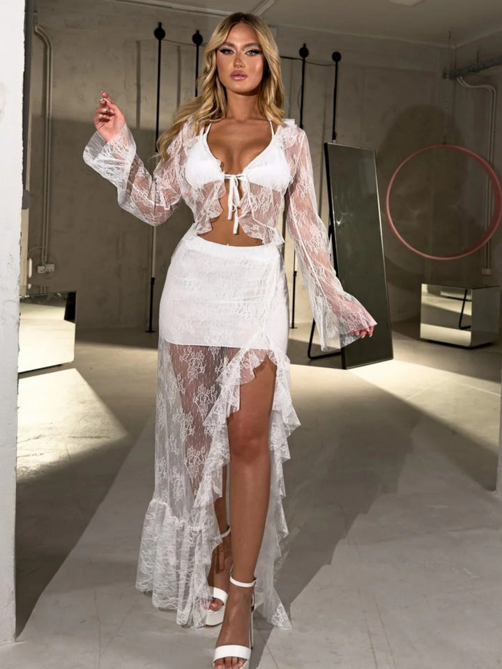 Dame Transparent Bluse med Flæseærmer og fræk Bindebånd Skovae