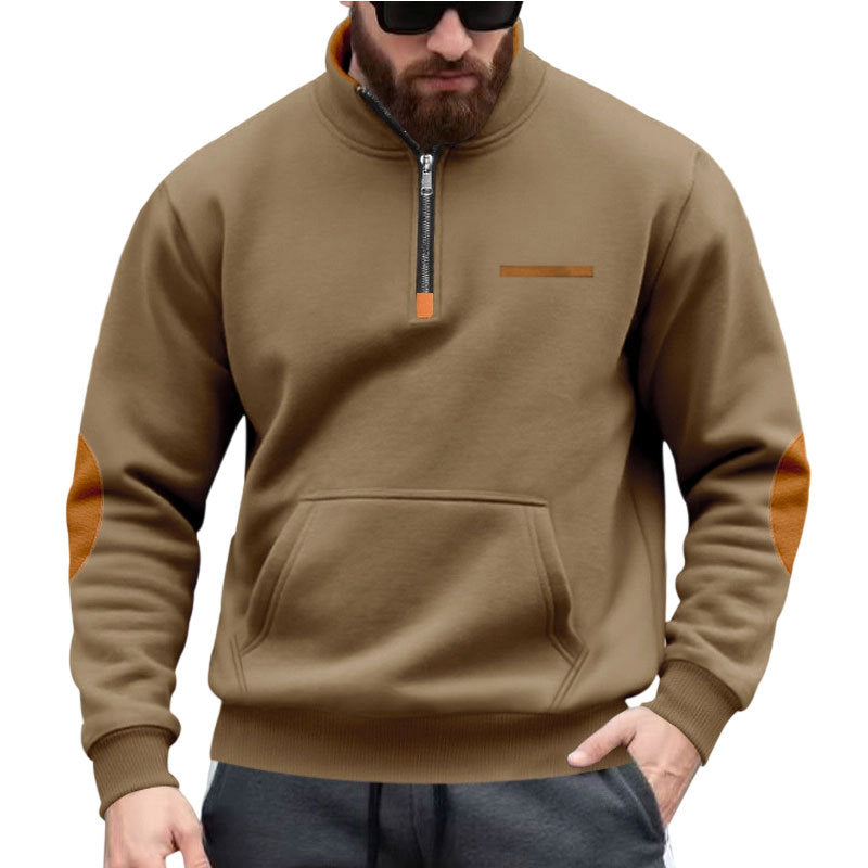 Herre nan halvzip-sweatpullover med ståkrave, kængurulomme og albuepåsætning Skovae