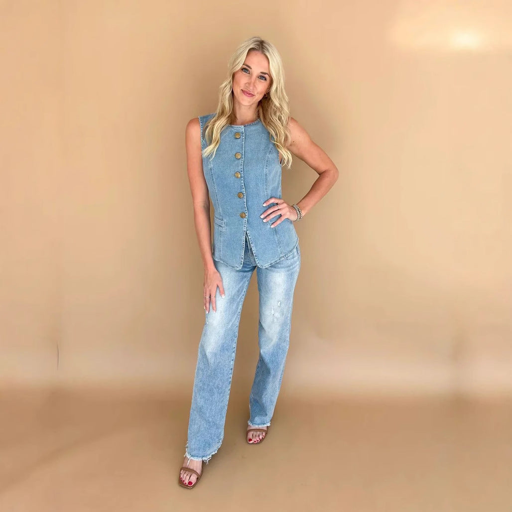 Dame mode Denimvest med elegante knapdetaljer og lommer Stilla