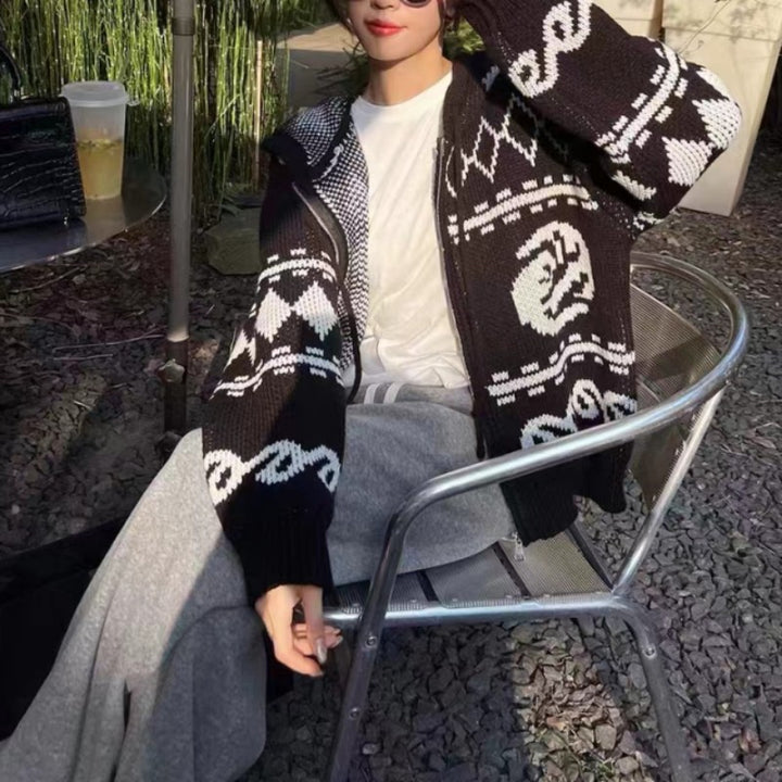 Kvinders chunky strikket cardigan med iøjnefaldende mønster og komfortabel pasform Stilla