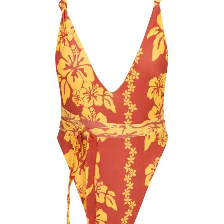 Dame Énhed Badeanstalt med dyb V-hals og floral design Skovae